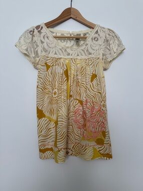 Anthropologie Women Cream Lace & Yellow Floral Dress
